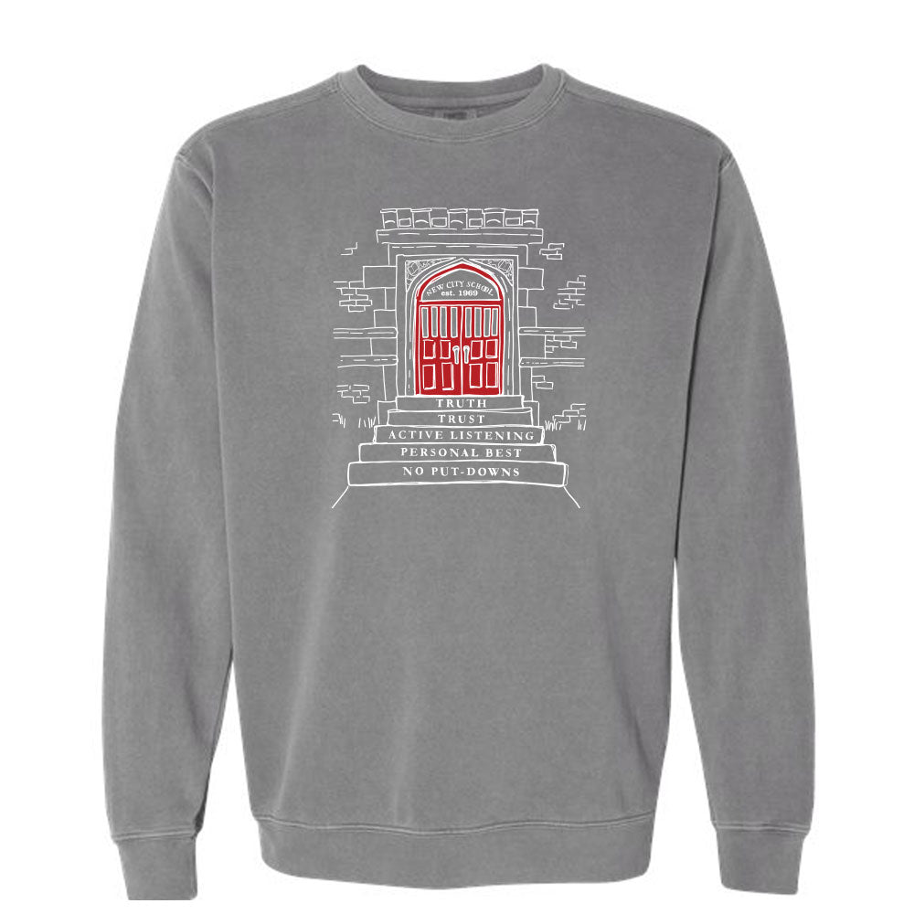 New City School - Red Door Print - Comfort Colors Crewneck Sweatshirt