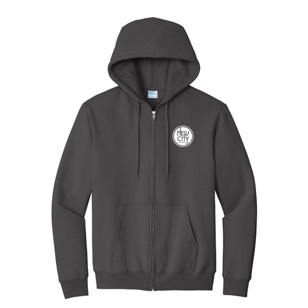 New City School - Left Chest Circle Print - Port & Company Essential Full Zip Hooded Sweatshirt