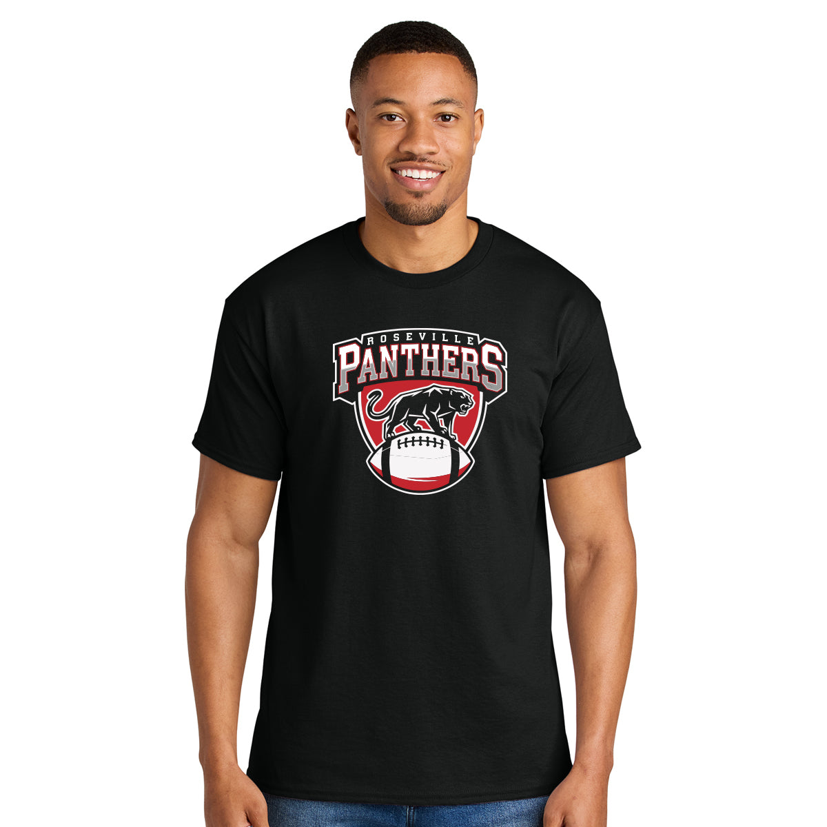 Roseville MS Panthers Football - Personalized Gildan Adult Unisex Blended T-shirt FRONT LOGO + NAME NUMBER