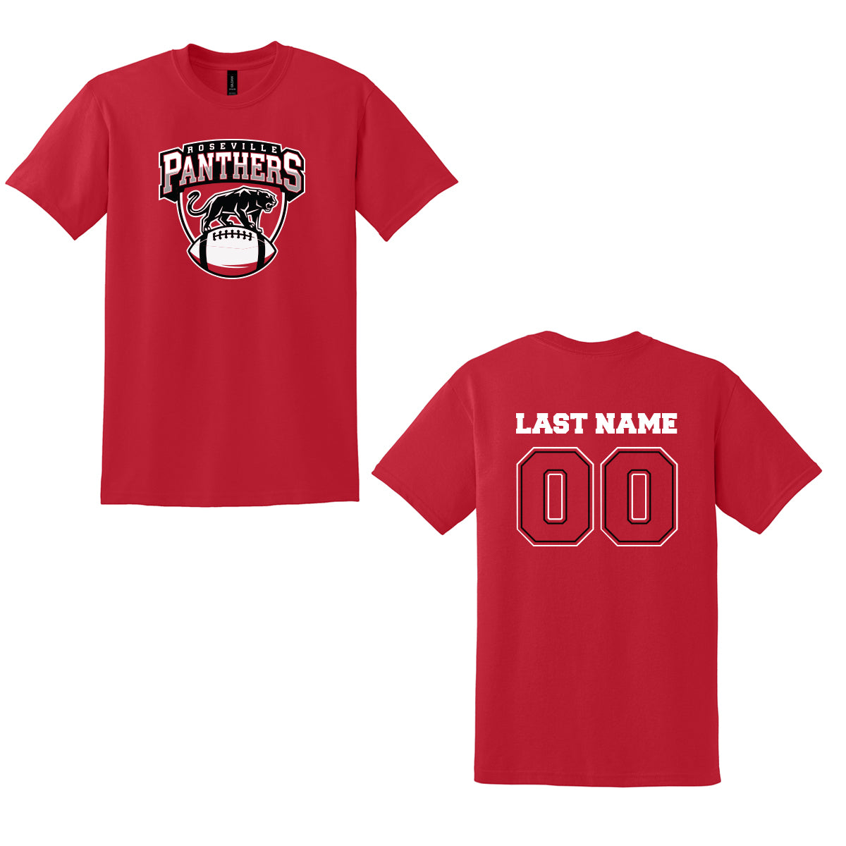 Roseville MS Panthers Football - Personalized Gildan Adult Unisex Blended T-shirt FRONT LOGO + NAME NUMBER