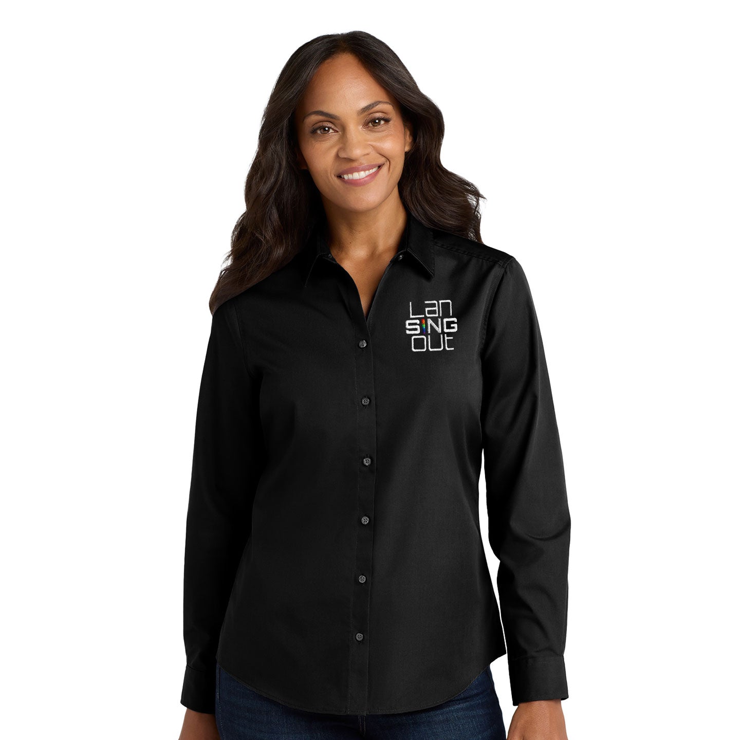 LanSINGout - Stacked Logo Port Authority Women's Long Sleeve Poplin Shirt