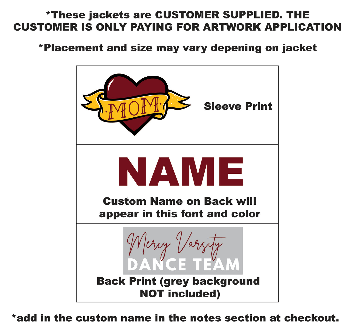 Mercy Varsity Dance - PRINTS ONLY - CUSTOMER SUPPLIED DENIUM JACKET - LOCAL PICK UP