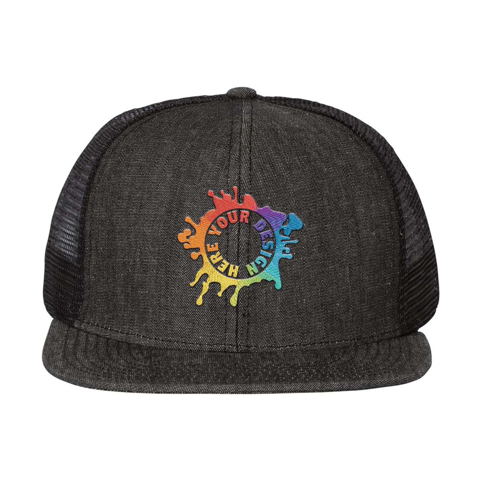 Embroidered Mega Cap - Flat Bill Six-Panel Trucker Cap