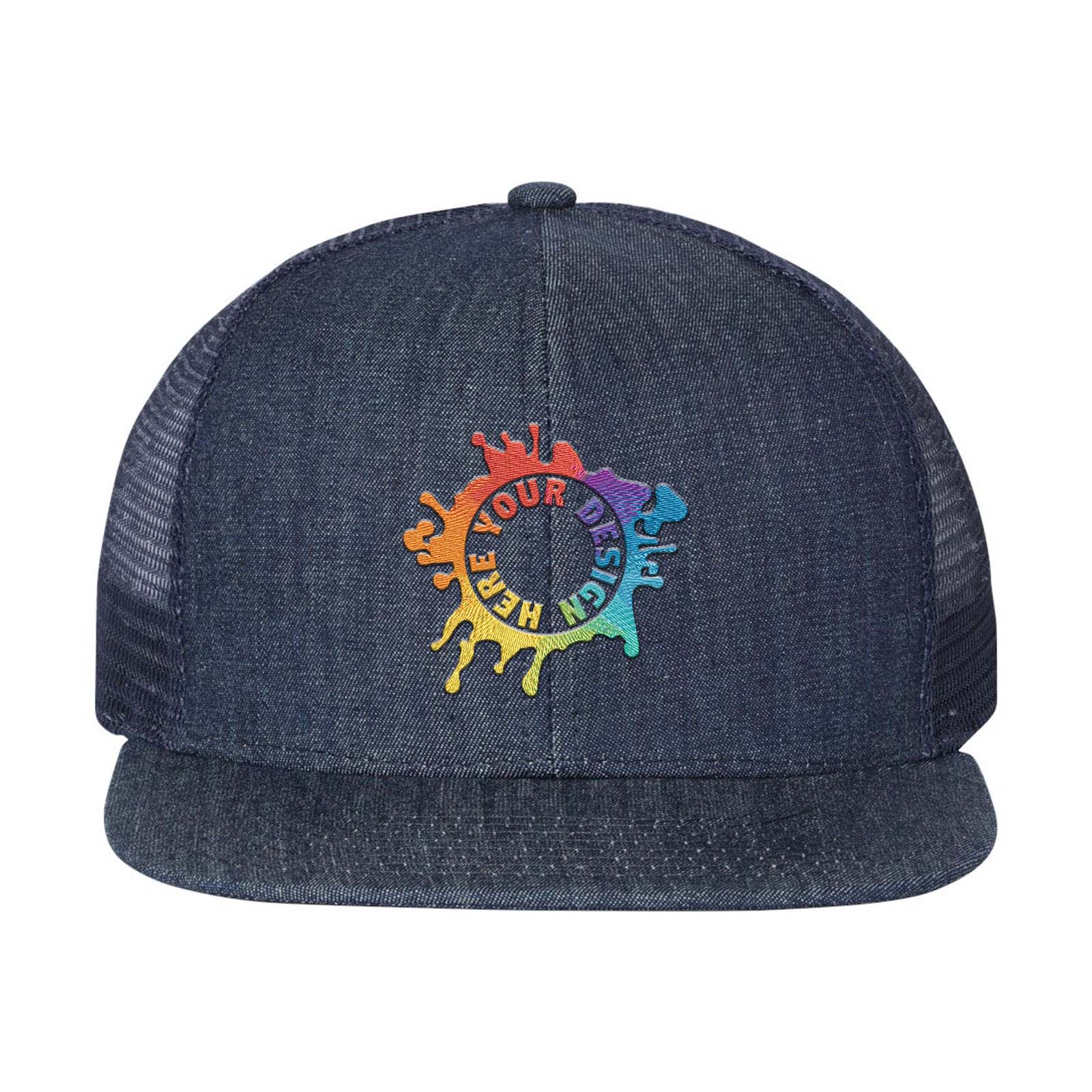 Embroidered Mega Cap - Flat Bill Six-Panel Trucker Cap