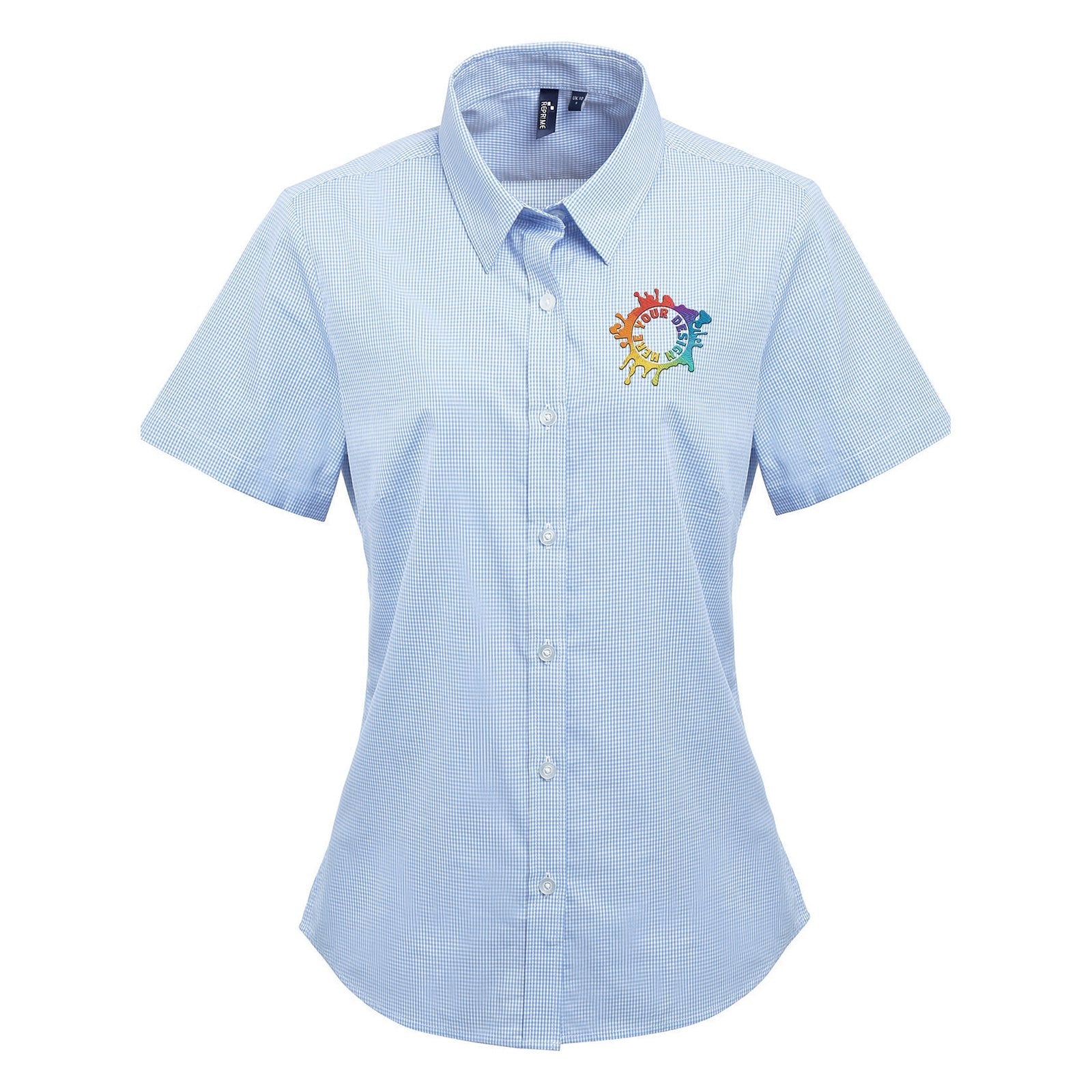 Artisan Collection by Reprime Ladies' Microcheck Gingham Short-Sleeve Cotton Shirt Embroidery - Mato & Hash