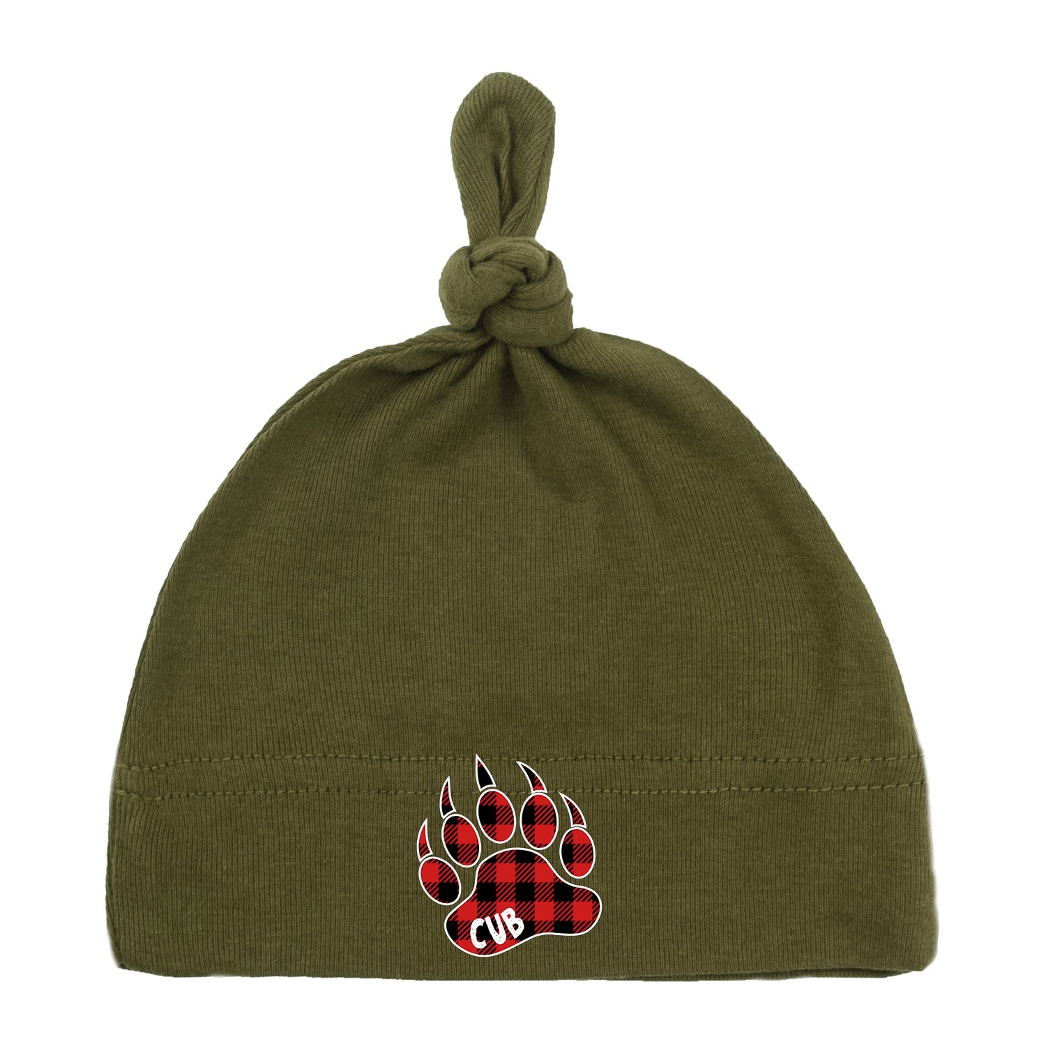 Cub Text in Buffalo Plaid Paw Print Baby Hat w/ Adjustable Top Knot - Mato & Hash