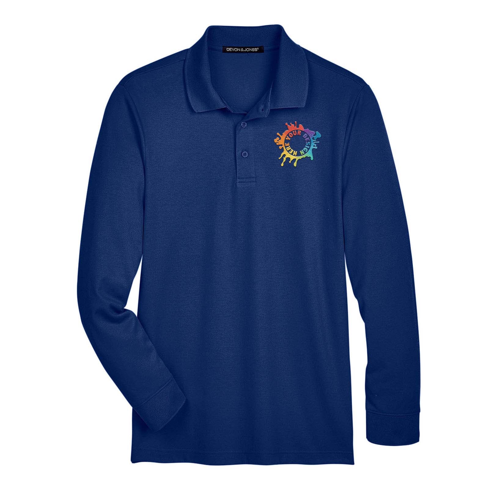 Devon & Jones CrownLux Performance Polyester/Cotton Blend Men's Plaited Long Sleeve Polo T-Shirt Embroidery - Mato & Hash