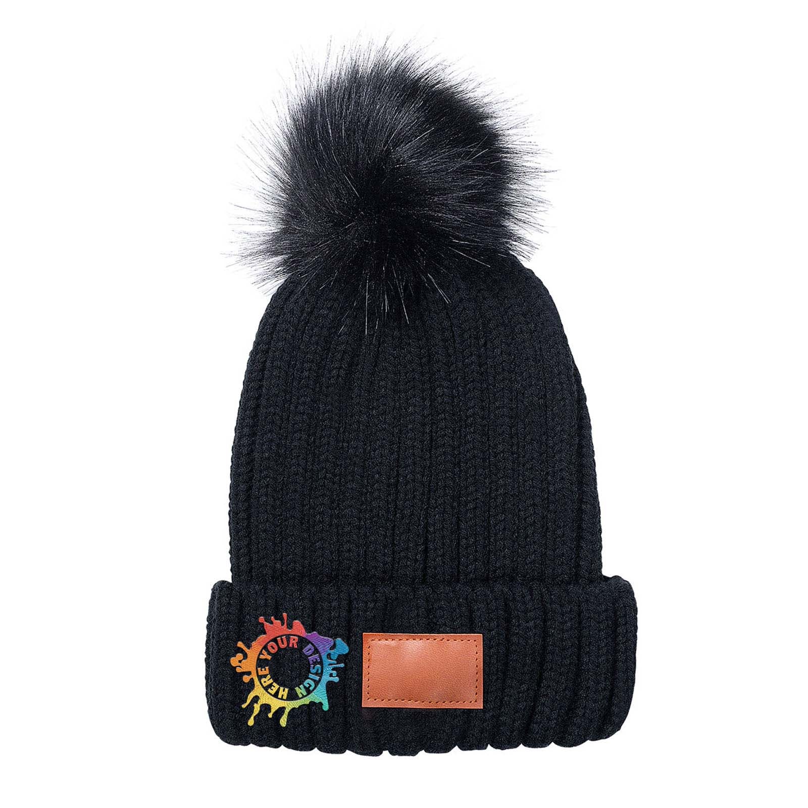 Embroidered Leeman Knit Beanie With Fur Pom Pom - Mato & Hash
