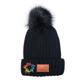 Embroidered Leeman Knit Beanie With Fur Pom Pom