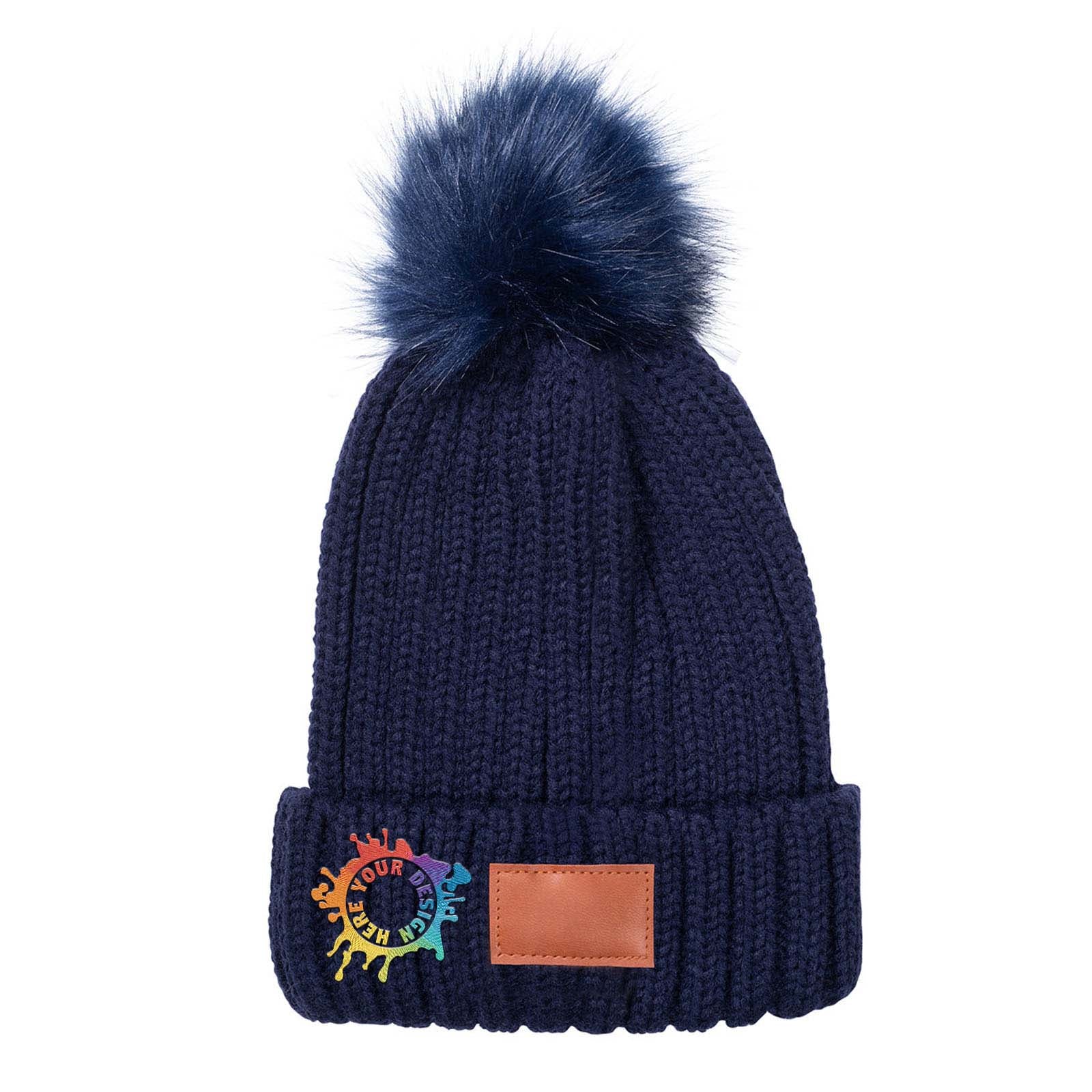 Embroidered Leeman Knit Beanie With Fur Pom Pom - Mato & Hash