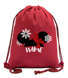 Mouse Ears + Bow & Snowflakes Custom Name Cotton Drawstring Bag