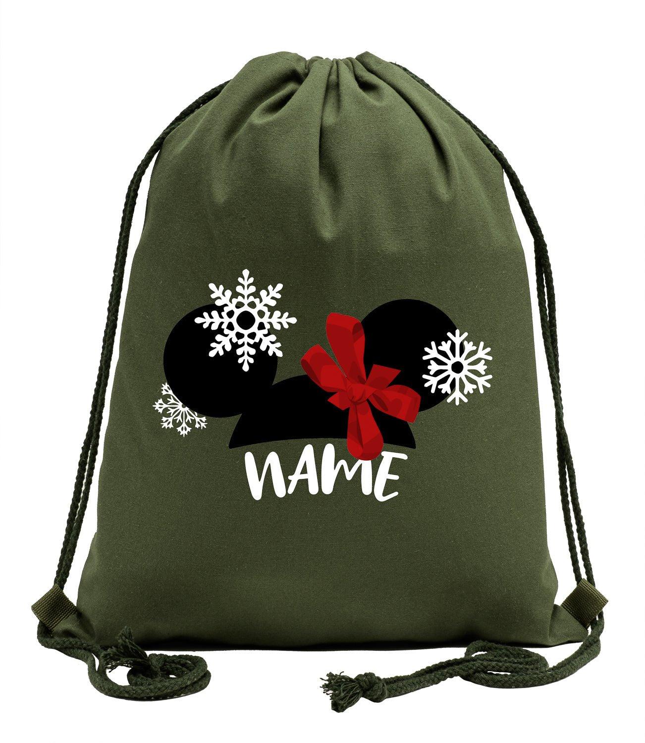 Mouse Ears + Bow & Snowflakes Custom Name Cotton Drawstring Bag - Mato & Hash