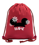 Mouse Ears + Snowflakes & Custom Name Cotton Drawstring Bag