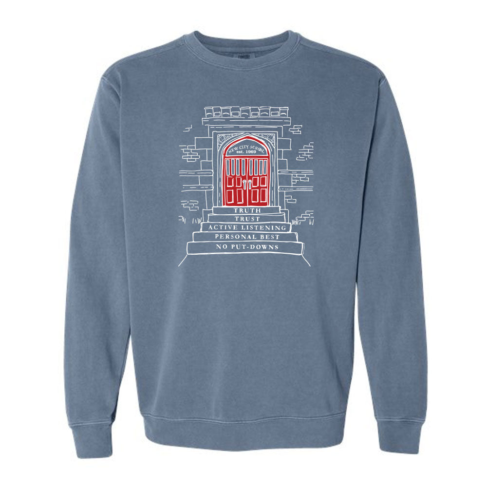 New City School - Red Door Print  - Comfort Colors Crewneck Sweatshirt