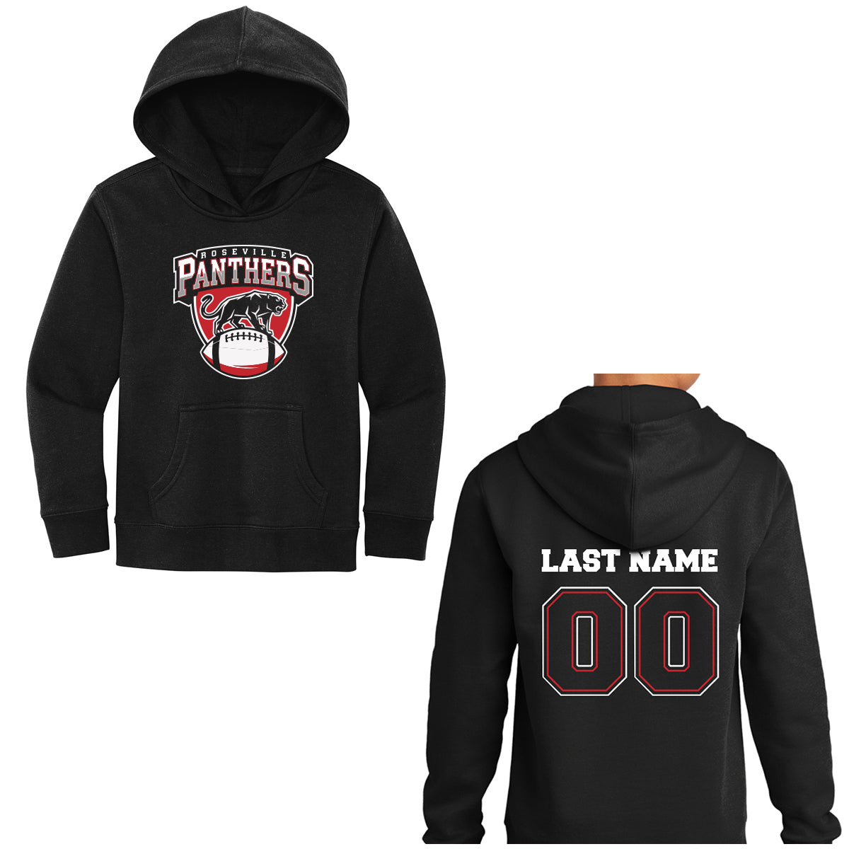 Roseville MS Panthers Football - Personalized District VIT Youth Fleece Hoodie FRONT LOGO + NAME NUMBER