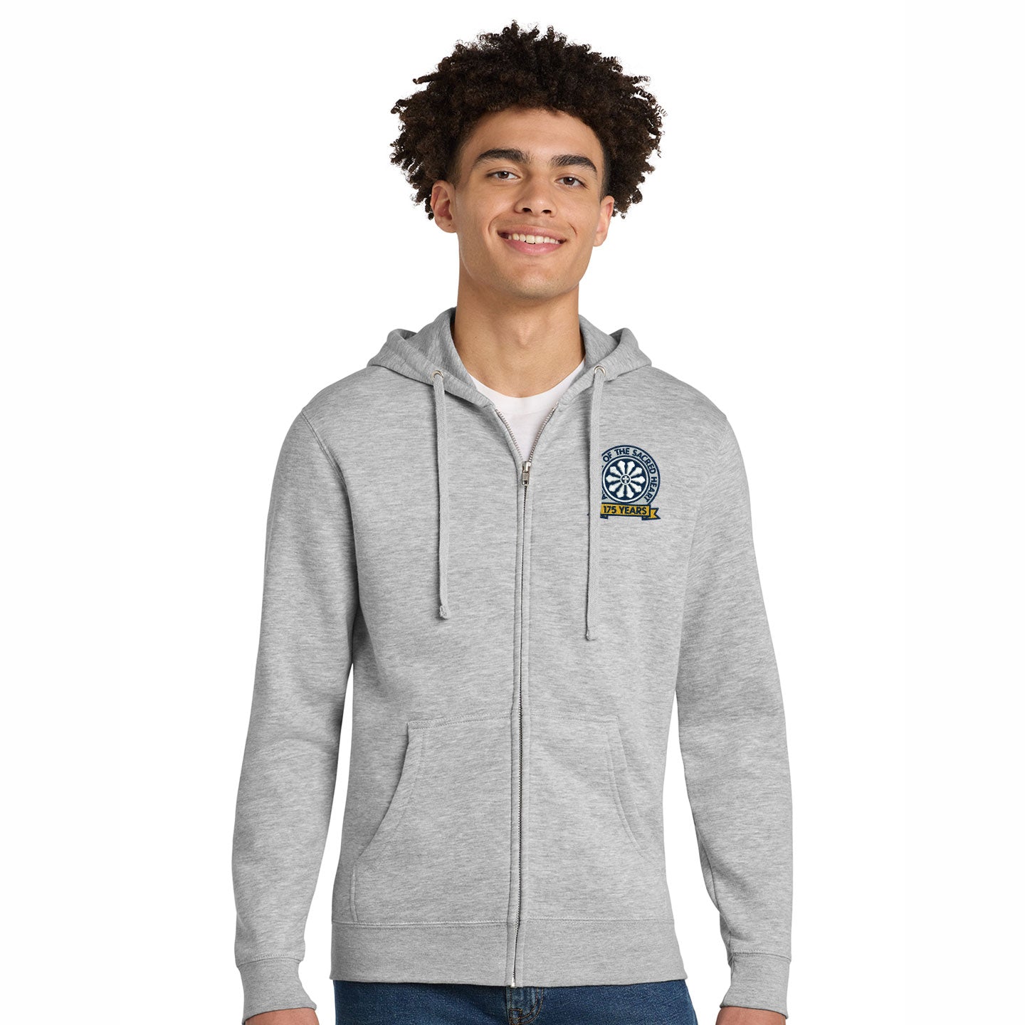 Person wearing a gray hoodie with a logo on a white background