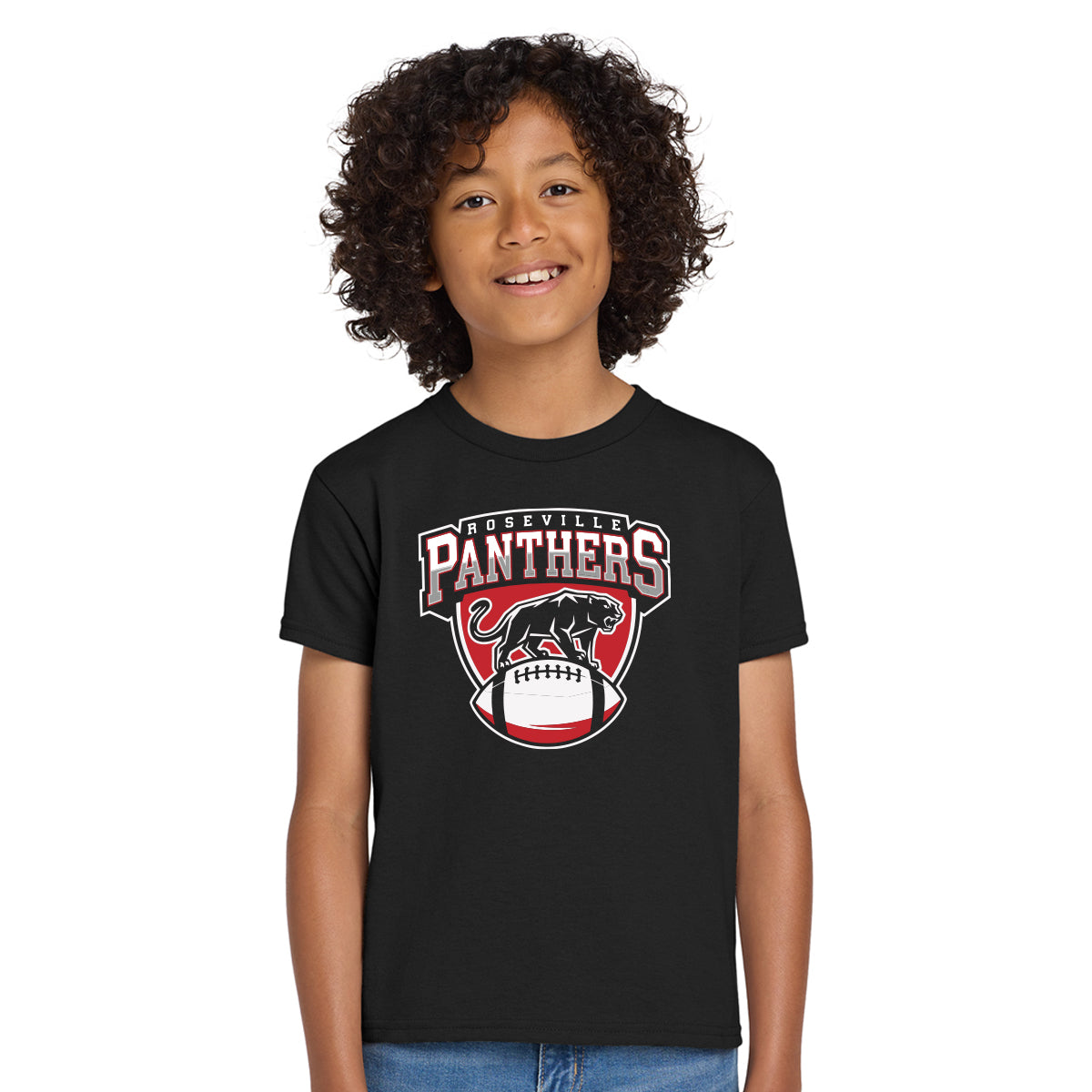 Roseville MS Panthers Football - Personalized Gildan Youth Blended T-shirt Roseville FRONT LOGO + NAME NUMBER