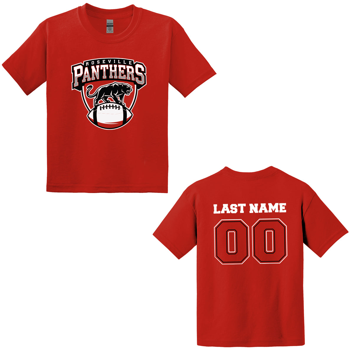 Roseville MS Panthers Football - Personalized Gildan Youth Blended T-shirt Roseville FRONT LOGO + NAME NUMBER