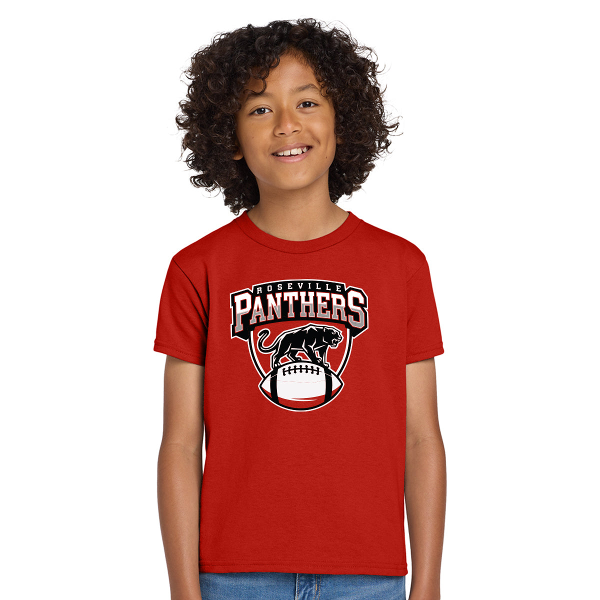 Roseville MS Panthers Football - Personalized Gildan Youth Blended T-shirt Roseville FRONT LOGO + NAME NUMBER