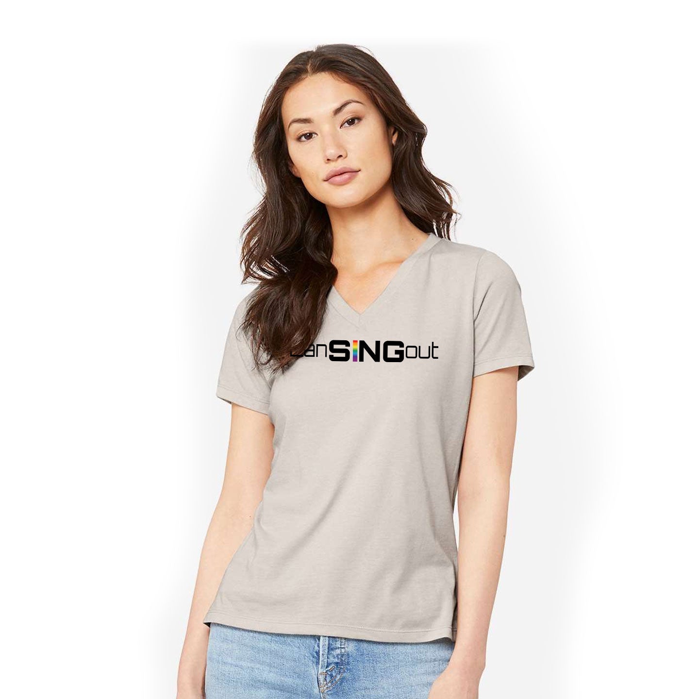 LanSINGout - Wide Logo Printed Women's Bella+Canvas V-Neck Relaxed Tee