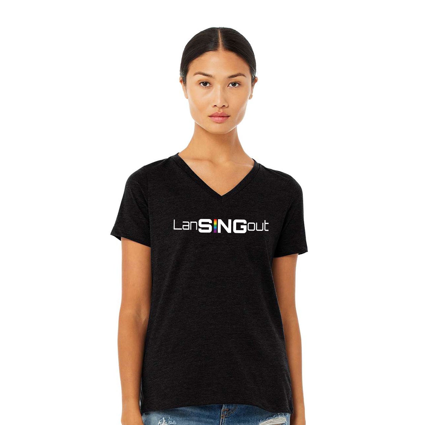 LanSINGout - Wide Logo Printed Women's Bella+Canvas V-Neck Relaxed Tee