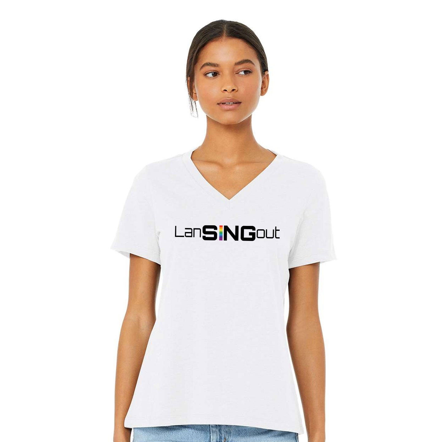 LanSINGout - Wide Logo Printed Women's Bella+Canvas V-Neck Relaxed Tee