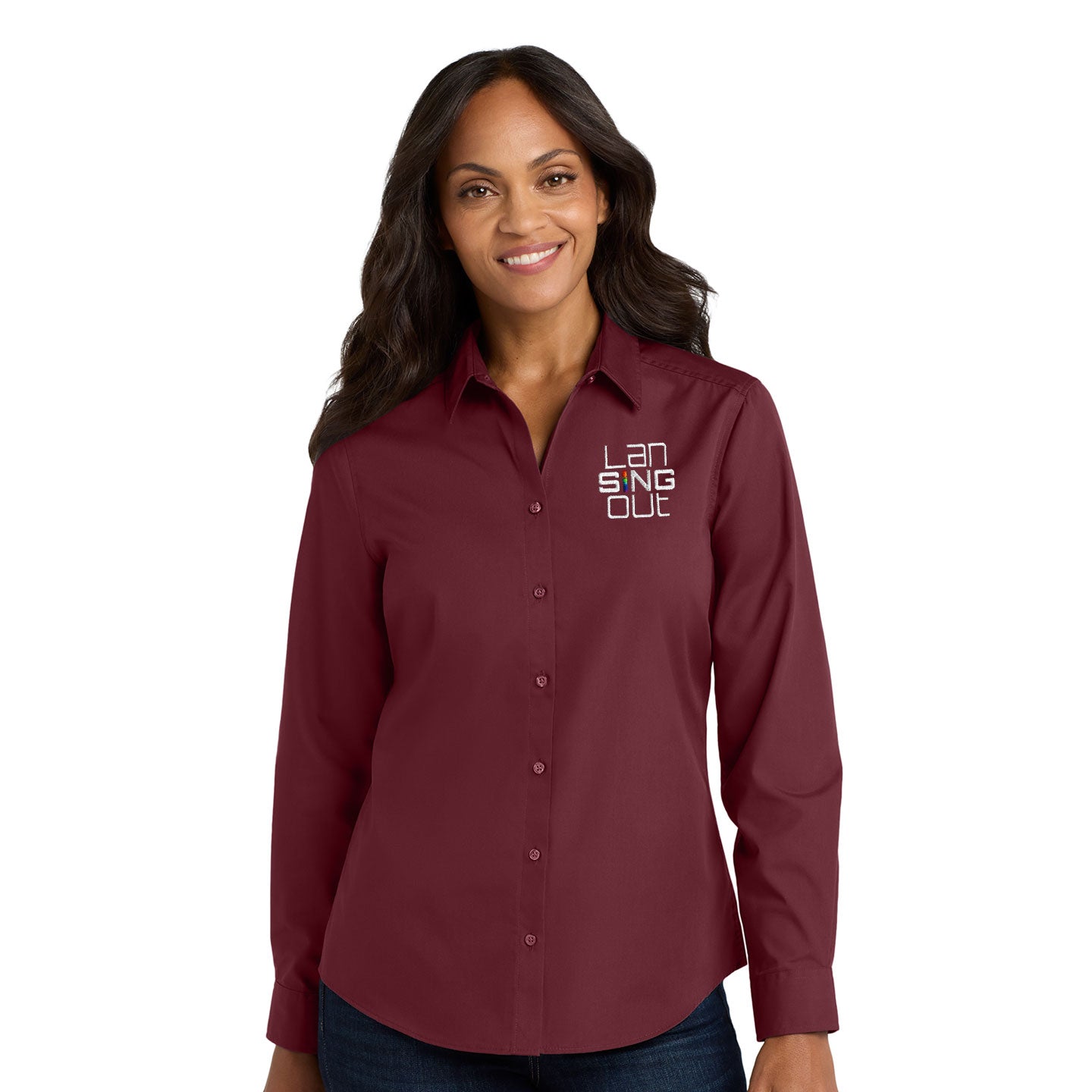 LanSINGout -  Stacked Logo Port Authority Women's Long Sleeve Poplin Shirt