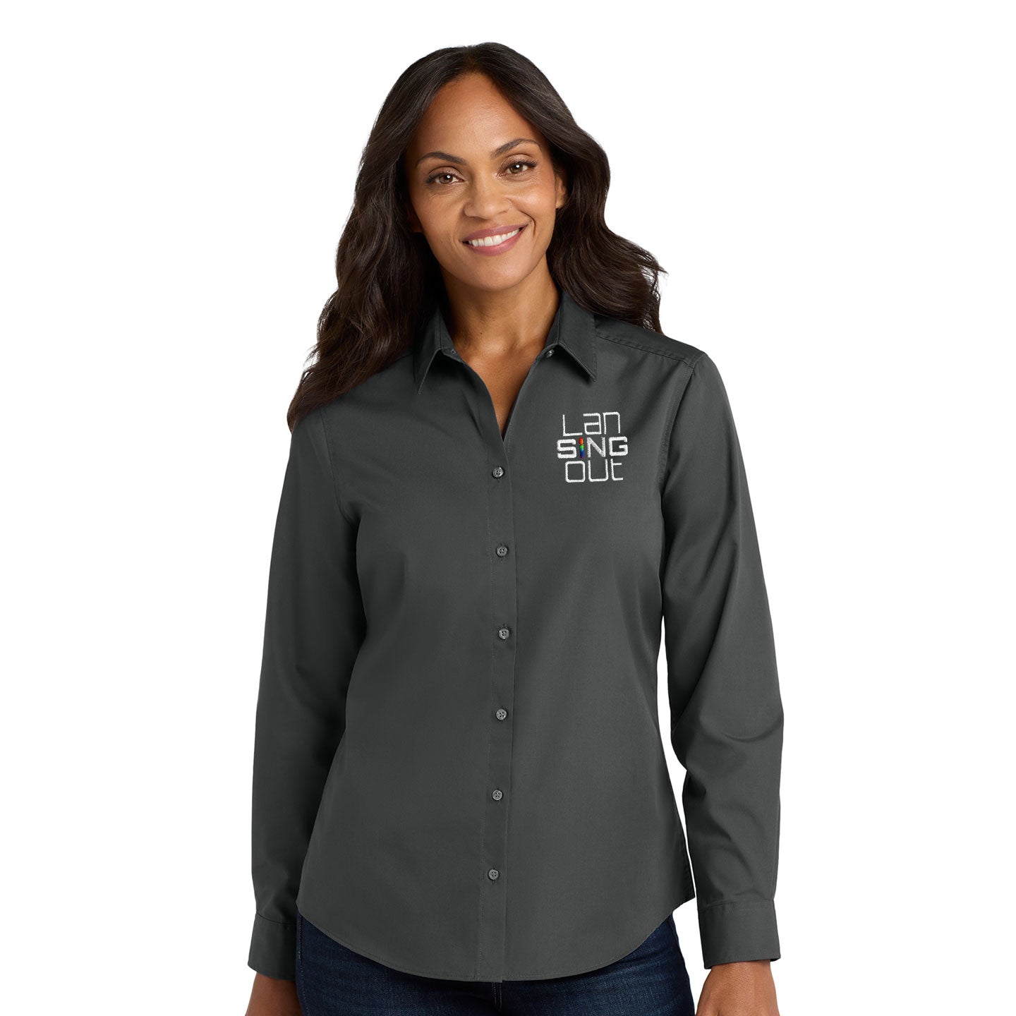 LanSINGout -  Stacked Logo Port Authority Women's Long Sleeve Poplin Shirt