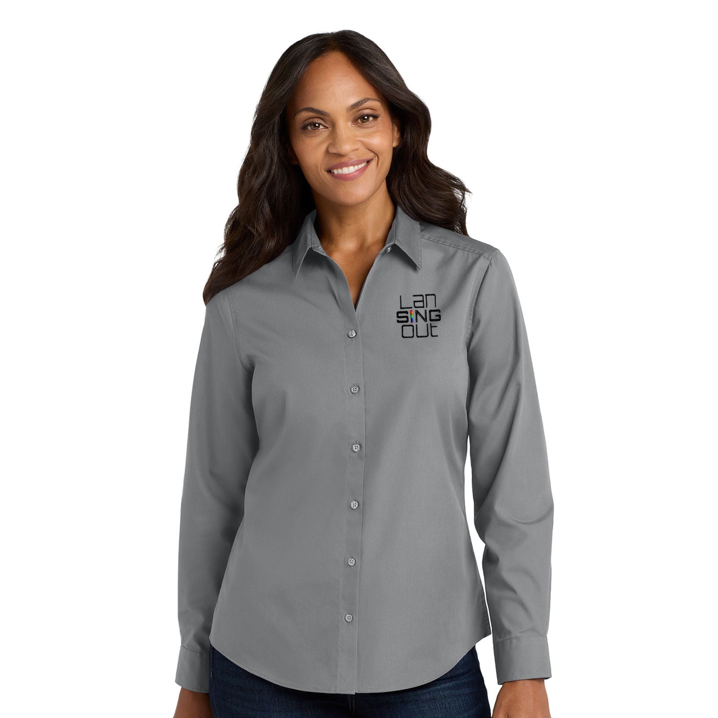 LanSINGout -  Stacked Logo Port Authority Women's Long Sleeve Poplin Shirt