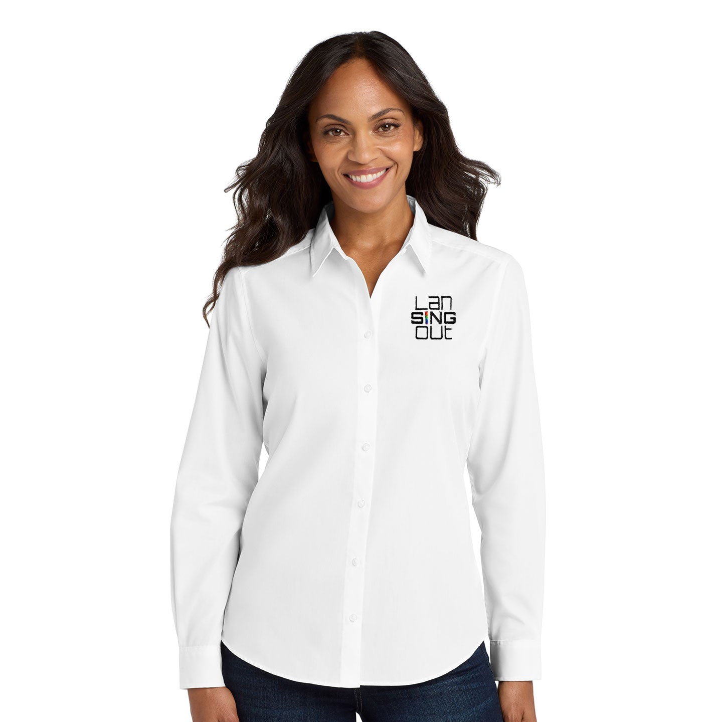 LanSINGout -  Stacked Logo Port Authority Women's Long Sleeve Poplin Shirt
