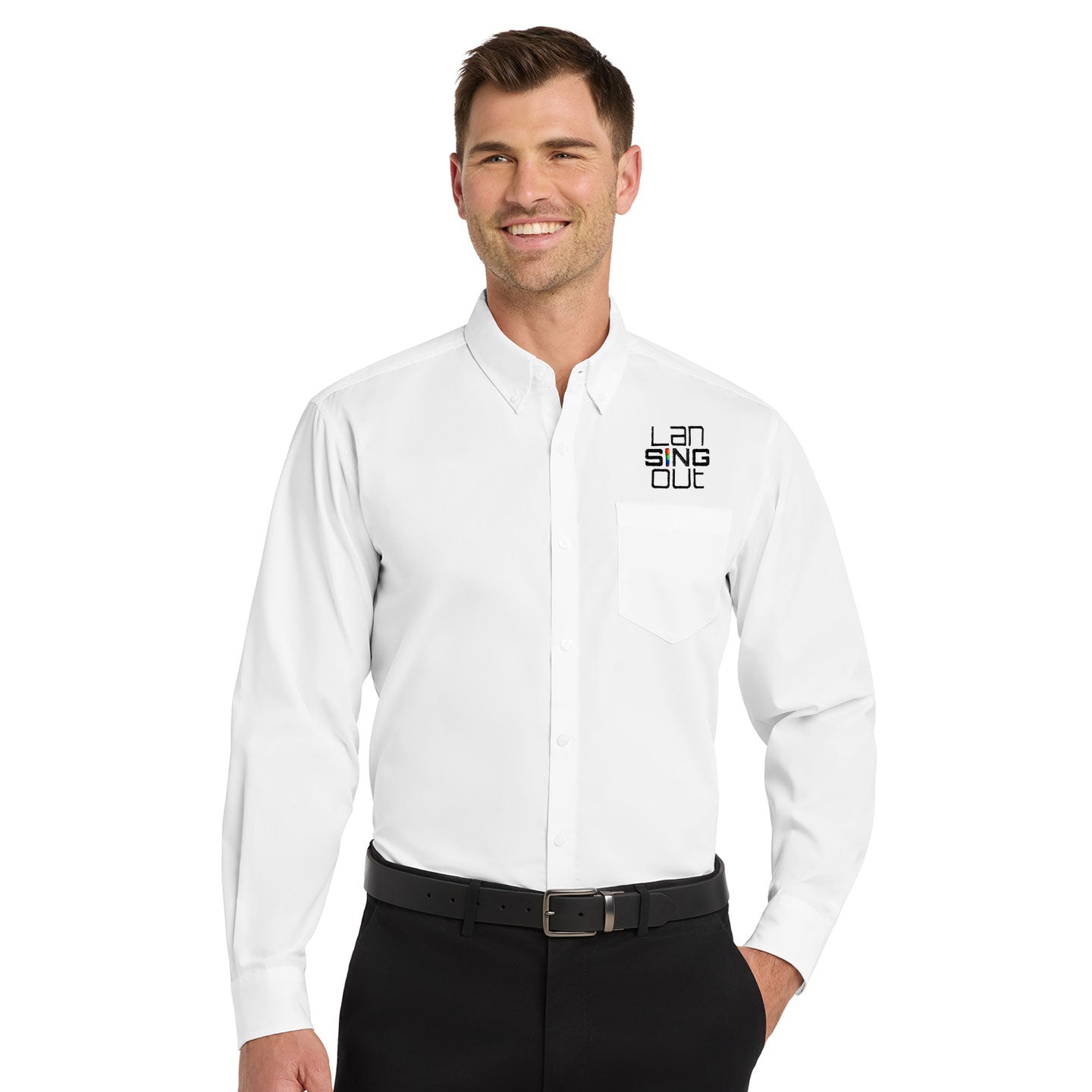LanSINGout -  Stacked Logo Port Authority Unisex Long Sleeve Poplin Shirt