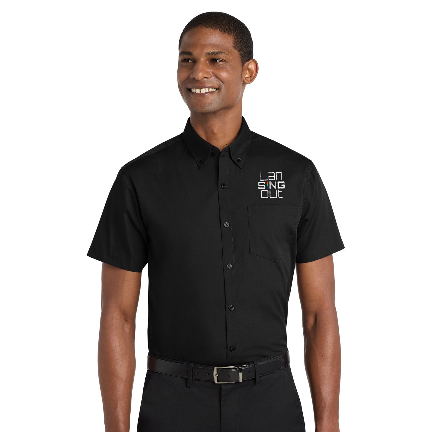 LanSINGout -  Stacked Logo Port Authority Unisex Short Sleeve Poplin Shirt