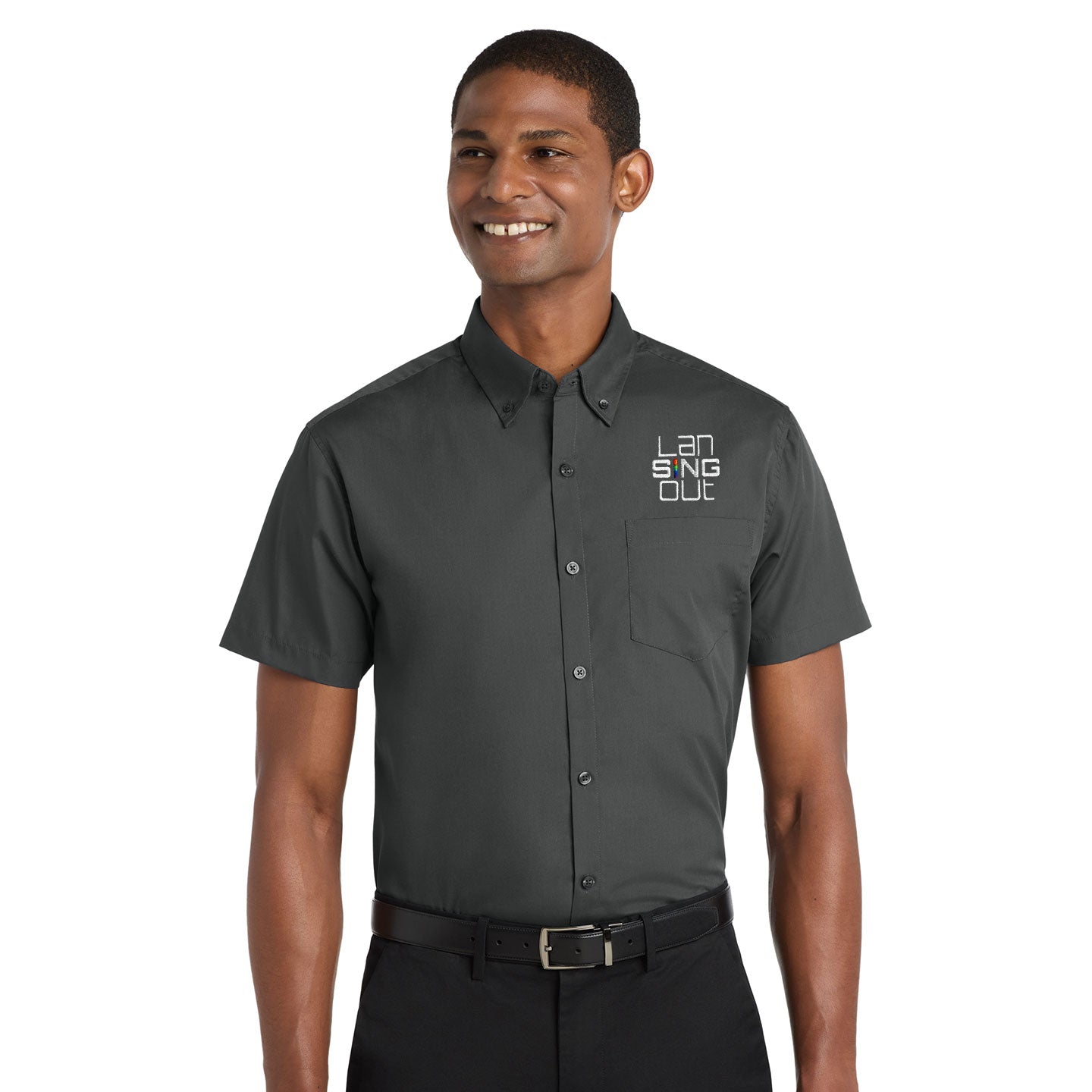 LanSINGout -  Stacked Logo Port Authority Unisex Short Sleeve Poplin Shirt