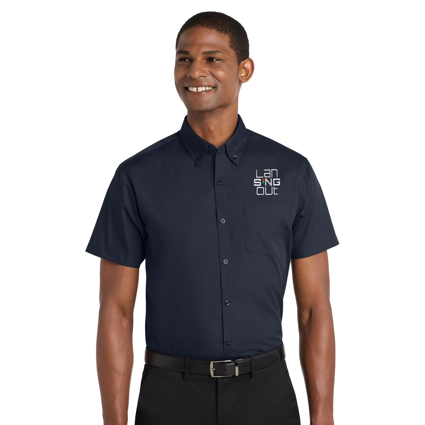 LanSINGout -  Stacked Logo Port Authority Unisex Short Sleeve Poplin Shirt