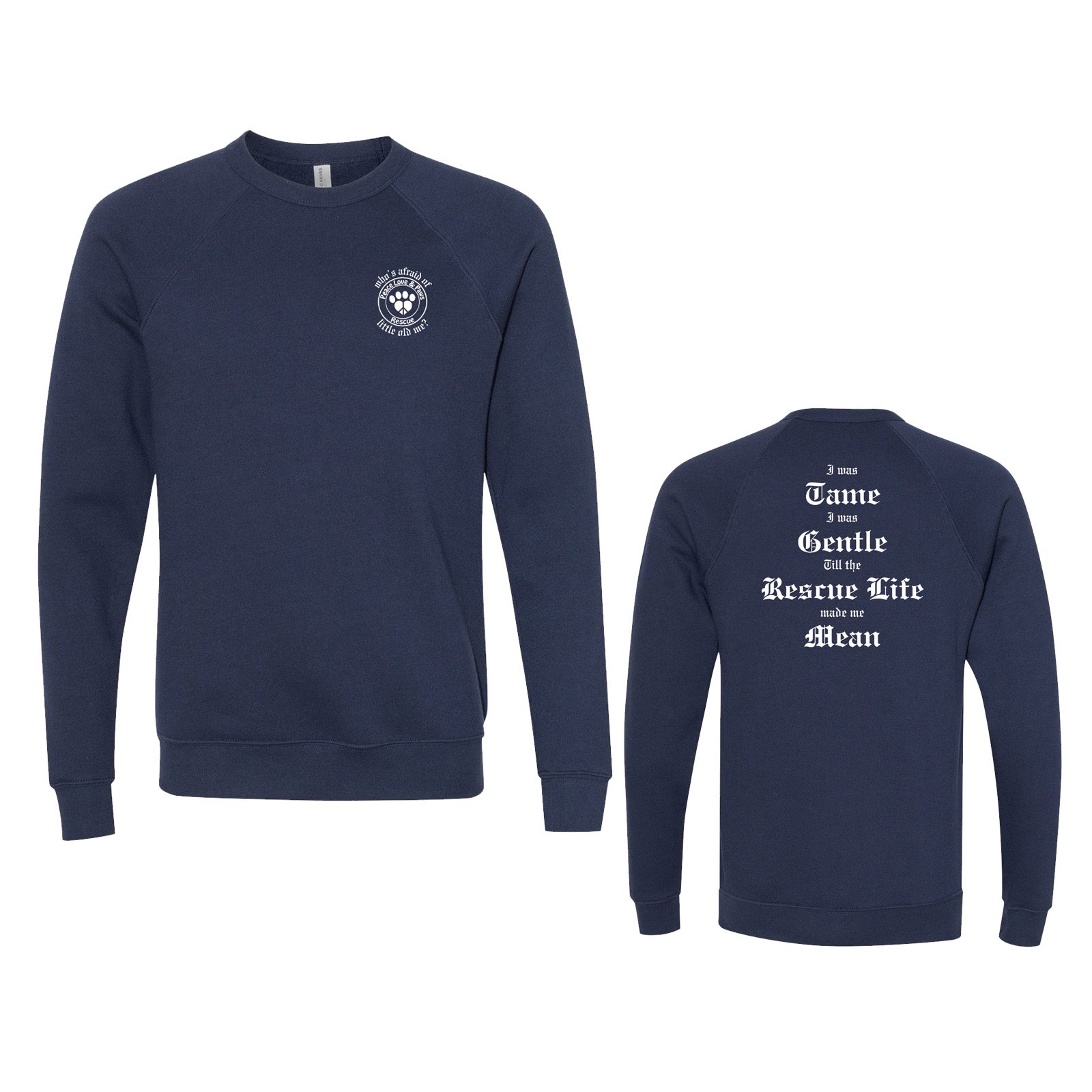 Peace Love and Paws Rescue -Whos Afraid Of little old me? Swifty Unisex fleece Raglan Crewneck Sweatshirt