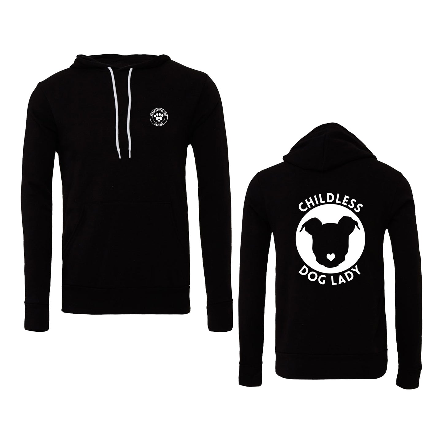 Peace Love and Paws Rescue -Childless Dog Lady Unisex Bella Sponge Fleece Hoodie