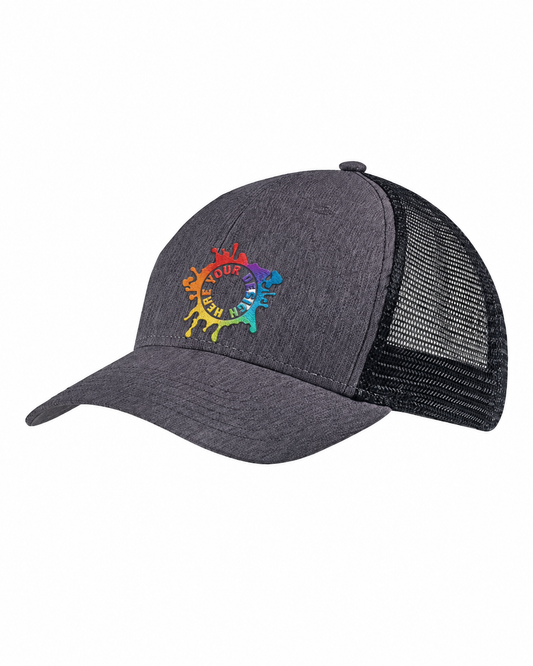 Custom Big Accessories BA540 Sport Trucker Cap in Black/Black with rainbow embroidered design logo