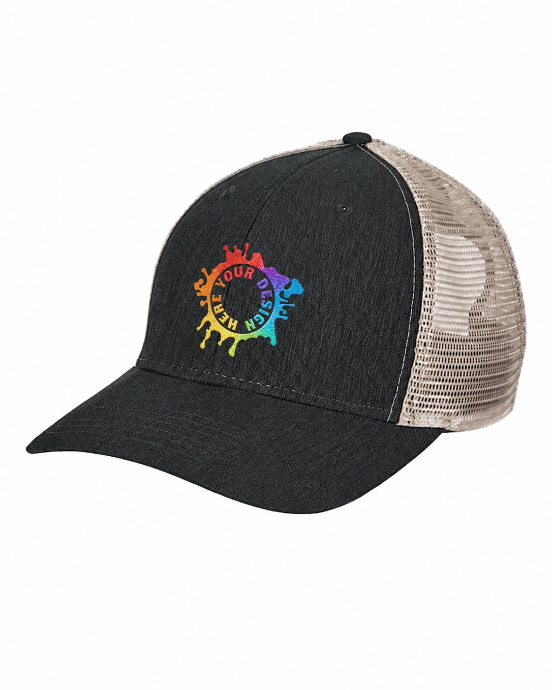 Custom Big Accessories BA540 Sport Trucker Cap in Black/Tan with rainbow embroidered design logo