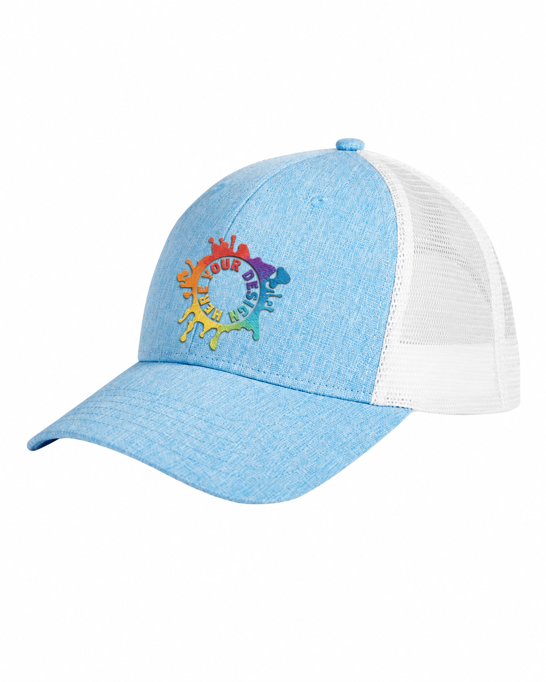 Custom Big Accessories BA540 Sport Trucker Cap in Heather Light Blue/White with rainbow embroidered design logo