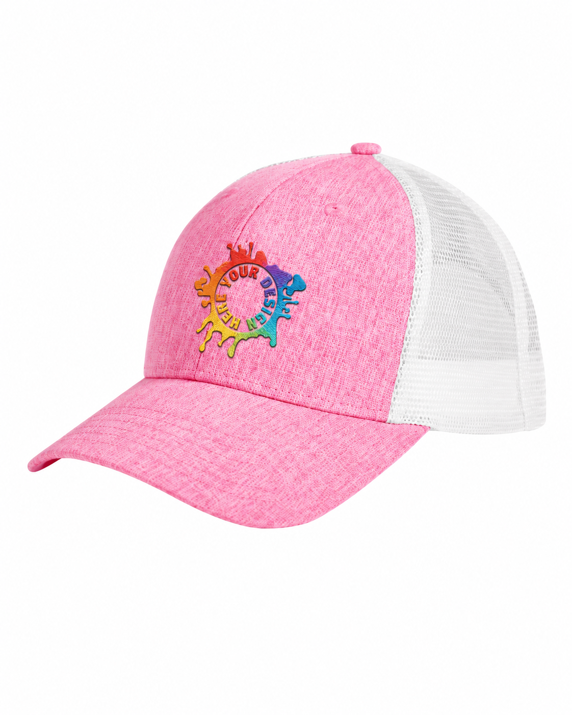 Custom Big Accessories BA540 Sport Trucker Cap in Heather Pink/White with rainbow embroidered design logo