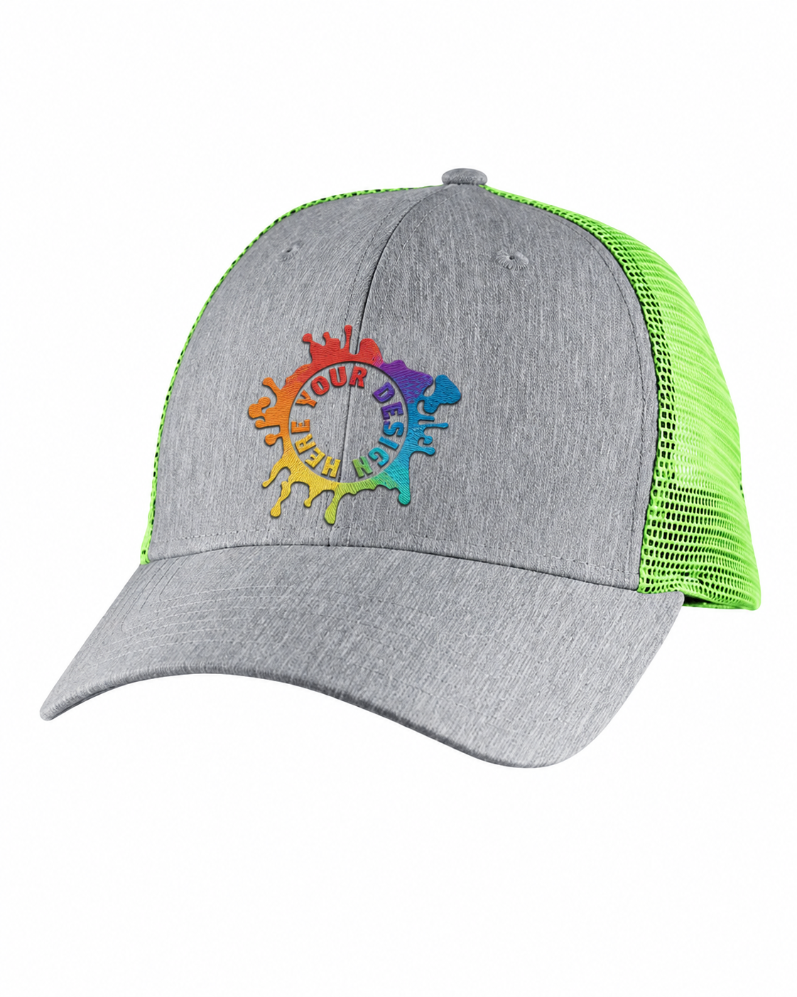Custom Big Accessories BA540 Sport Trucker Cap in Light Grey/Neon Green with rainbow embroidered design logo