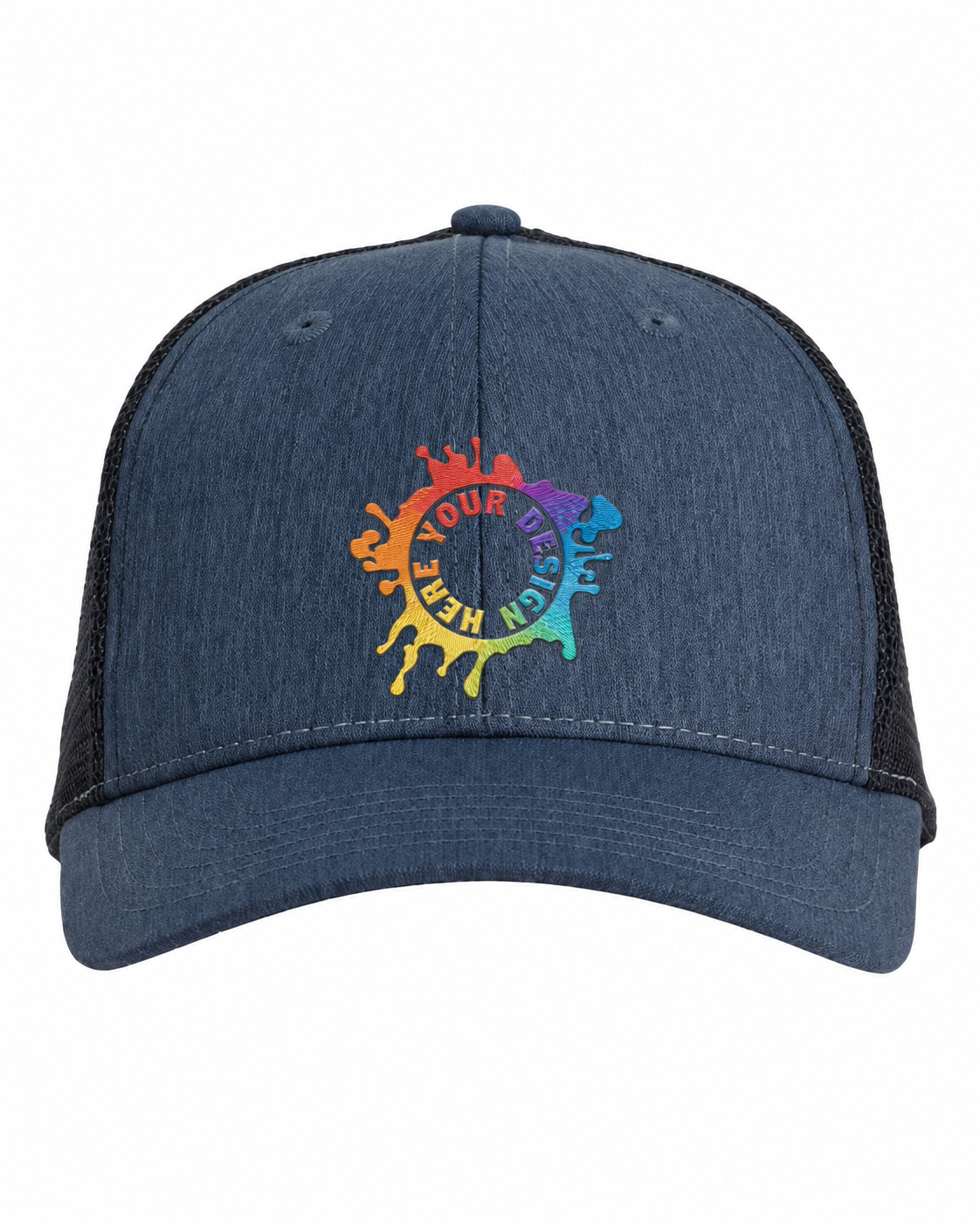 Custom Big Accessories BA540 Sport Trucker Cap in Navy/Black with rainbow embroidered design logo