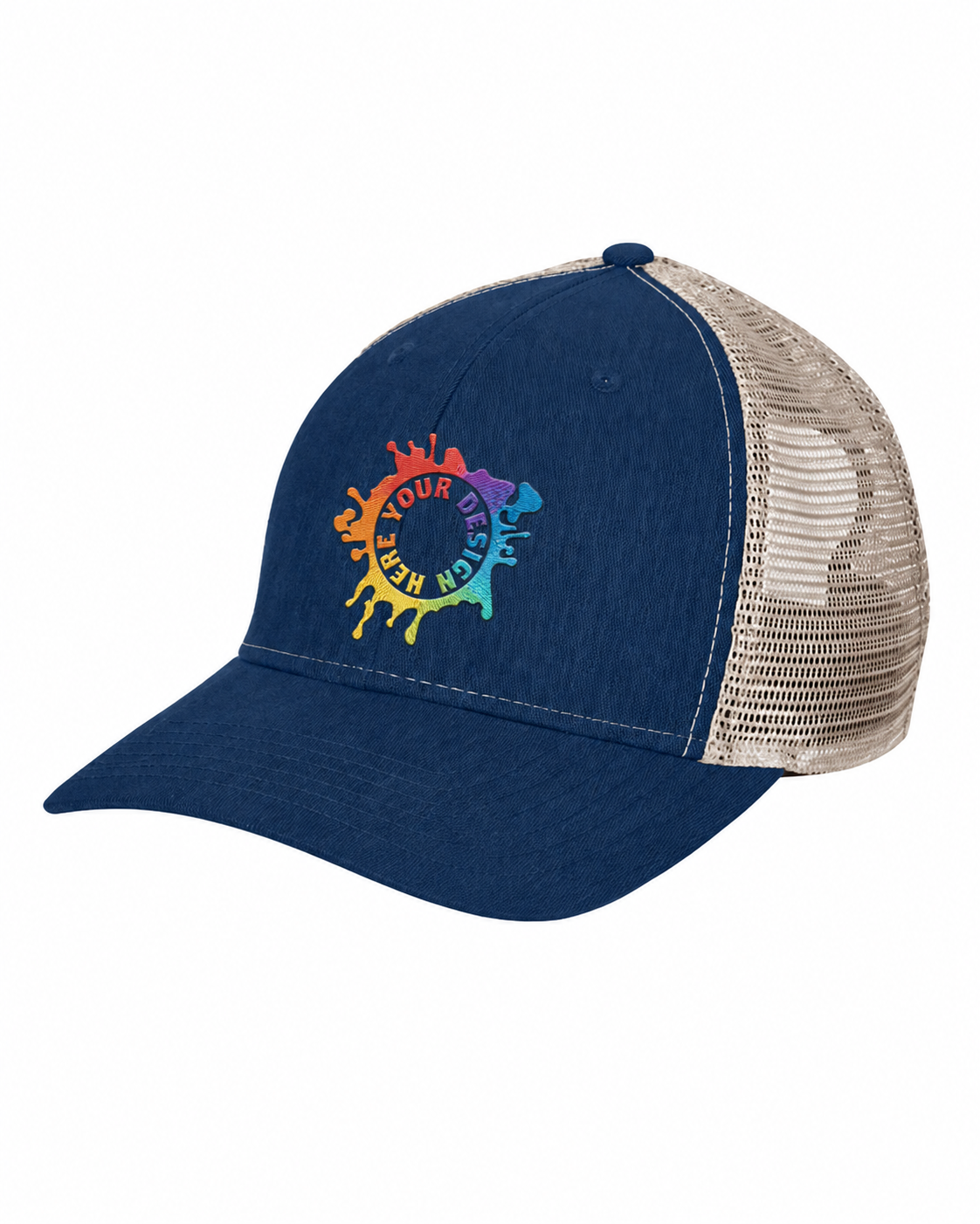 Custom Big Accessories BA540 Sport Trucker Cap in Navy/Tan with rainbow embroidered design logo
