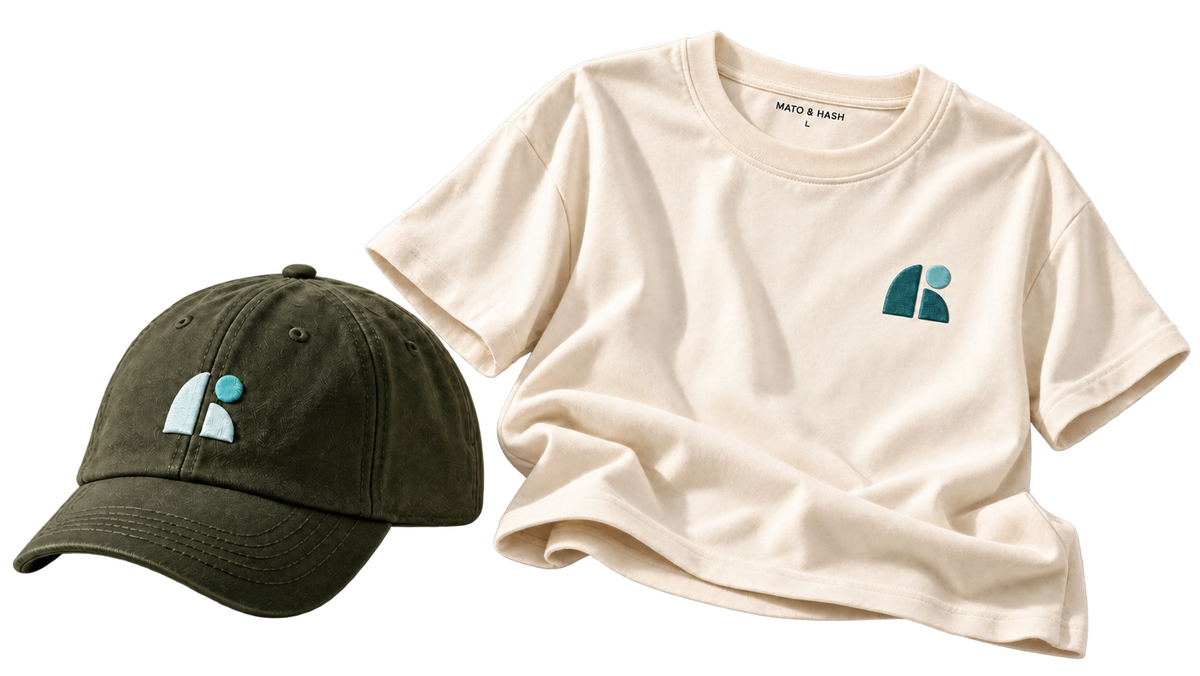 Olive cap and cream shirt with pale-blue and teal embroidery that coordinates with the background.
