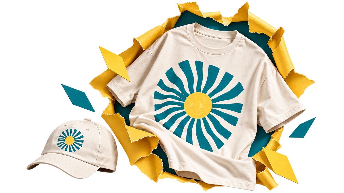 Ivory T-shirt and matching cap with teal and yellow sunburst prints bursting through sculpted yellow and teal paper.