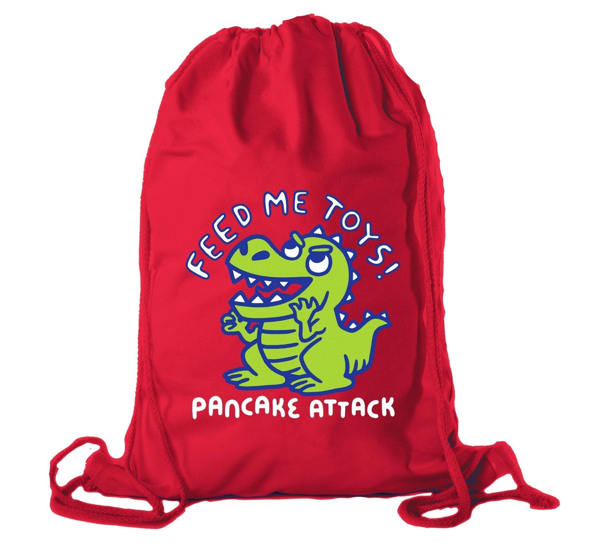 Revive Red Cotton Drawstring Bag With "Pancake Attack Dinosaur"