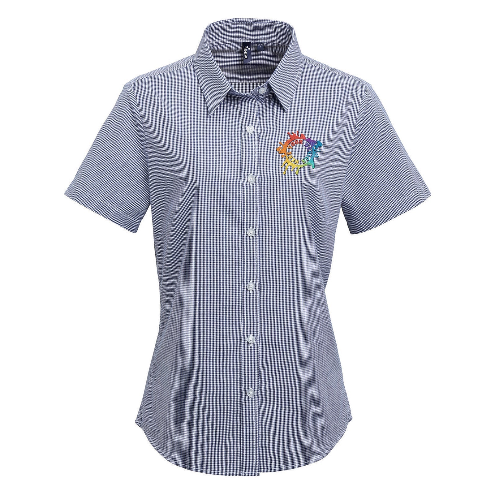 Artisan Collection by Reprime Ladies' Microcheck Gingham Short-Sleeve Cotton Shirt Embroidery - Mato & Hash