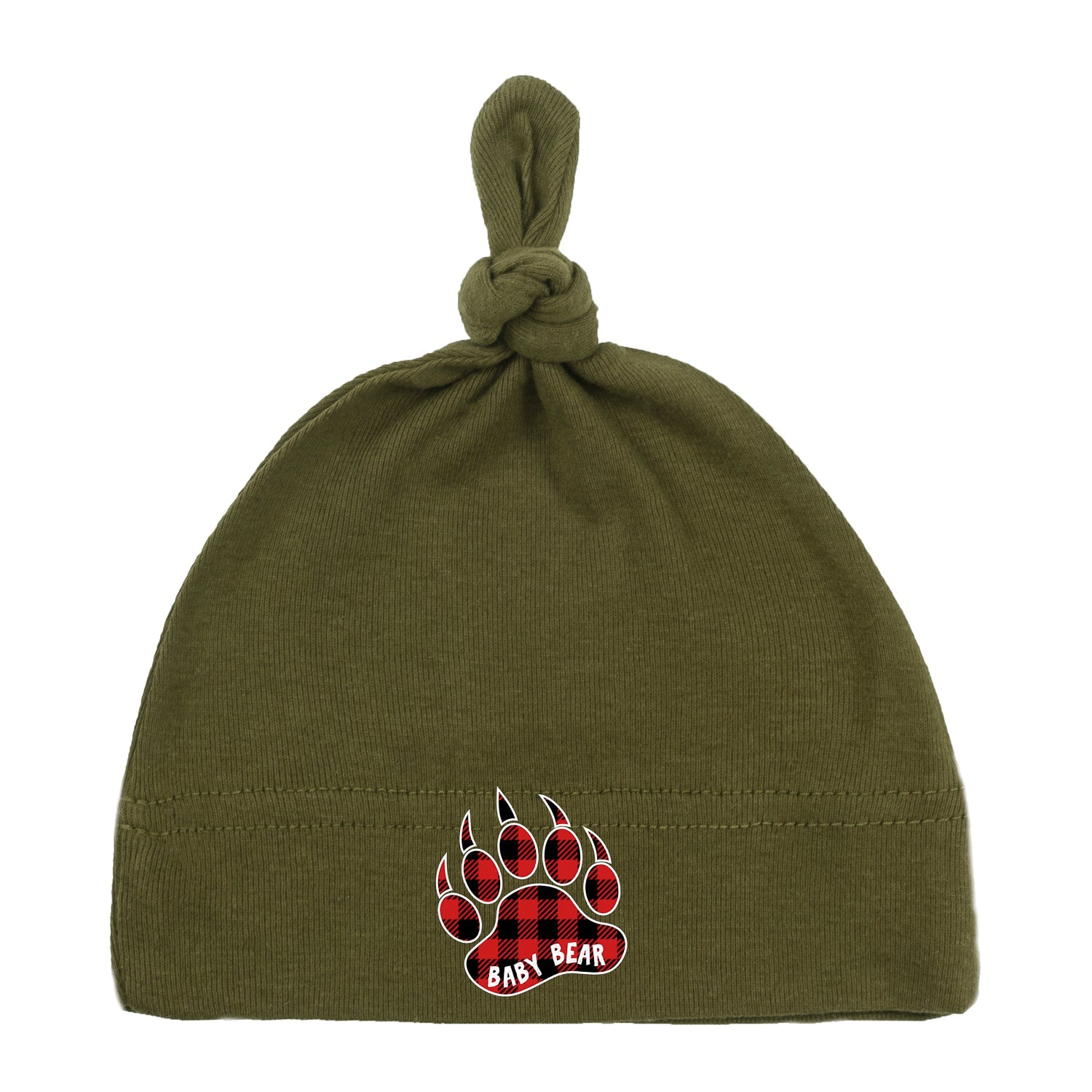 Baby Bear Text in Buffalo Plaid Paw Print - Baby Hat w/ Adjustable Top Knot - Mato & Hash