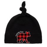 Buffalo Plaid Bear Cub Custom Name Baby Hat w/ Adjustable Top Knot