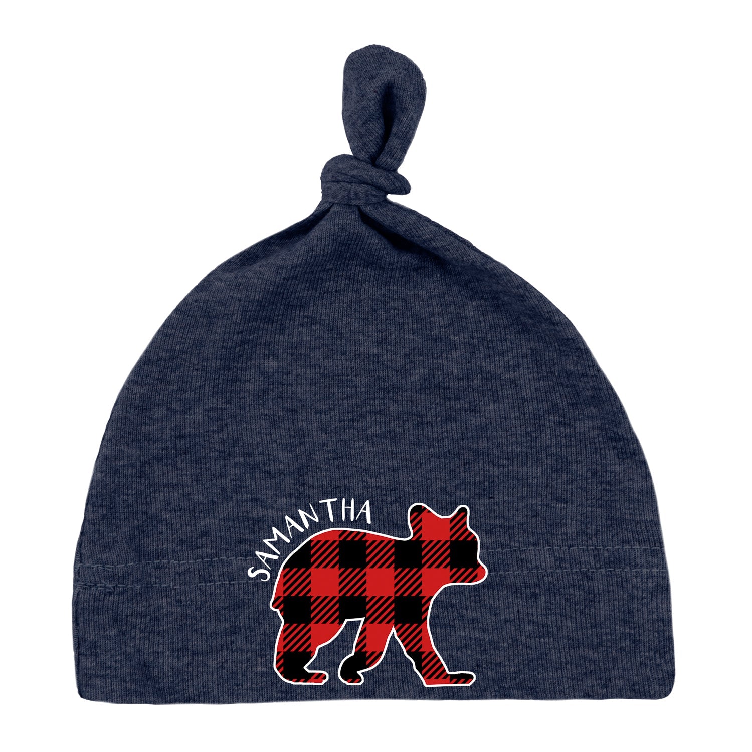 Buffalo Plaid Bear Cub Custom Name Baby Hat w/ Adjustable Top Knot - Mato & Hash